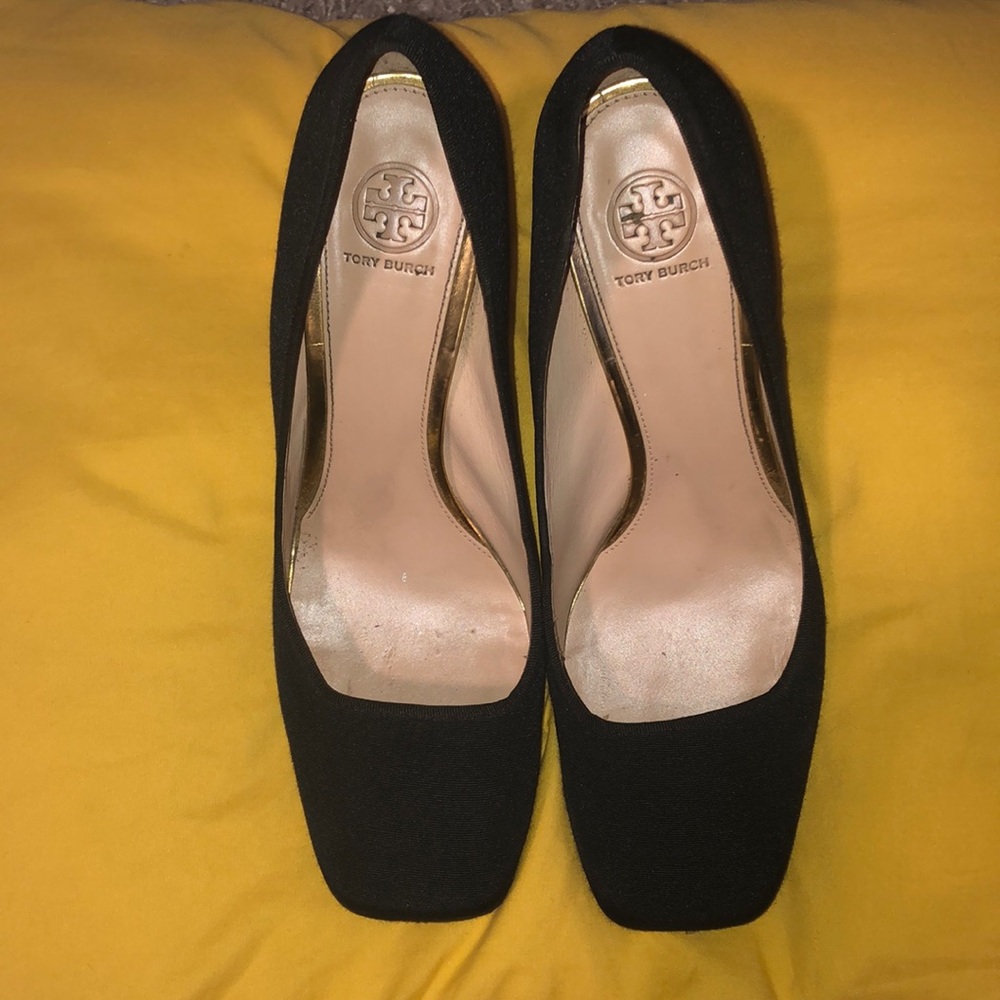 Tory Burch ‘Regina’ Black Gold Plated Heel Pumps